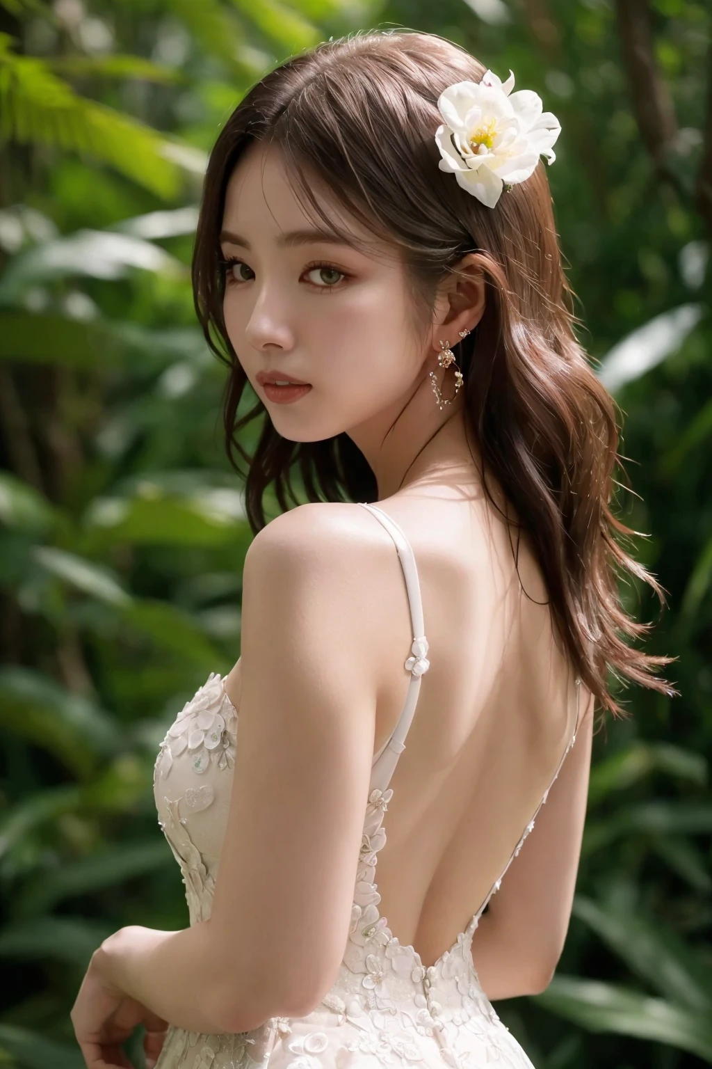 (masterpiece), a stunning portrait of young gorgeous woman, (face close-up), 8k, raw photo, looking at viewer, (highly detailed skin:1.2), slim body,(photorealistic:1.4), in the middle of forest, solo, (star earring:1.2), black hair, long hair, (looking at viewer), from behind, <lora:FilmG4:0.6:PALETTE>, smile, wedding dress with flower-shaped lace<lora:FilmProvia2:1.0>