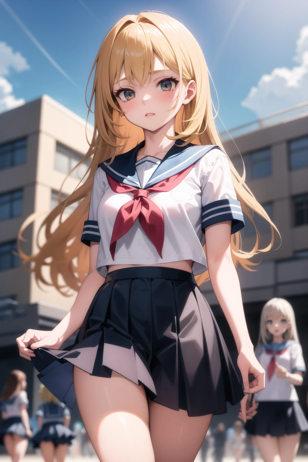 <lora:school_outdoors_v0.2:1>
multiple girls, school, school uniform, blue sailor collar, blue skirt, red neckerchief, sky, building, blonde hair,, masterpiece, best quality, highly detailed