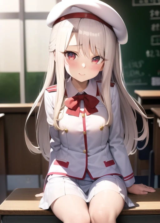 1girl, blonde hair, red eyes, school uniform, white beret, classroom, smile, illya,  <lora:illya2:0.8>