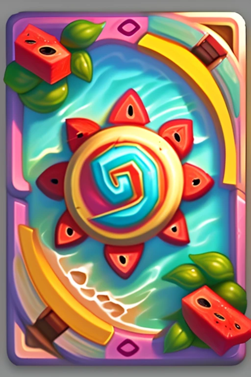 game_card,
hearthstone_card,summer beach, watermelon,bikini,  sun umbrella, Hawaii, waves,hearthstone's icon in the middle,
(masterpiece:1.1), (best quality:1.1),  <lora:hearthstone_4-000005:1>