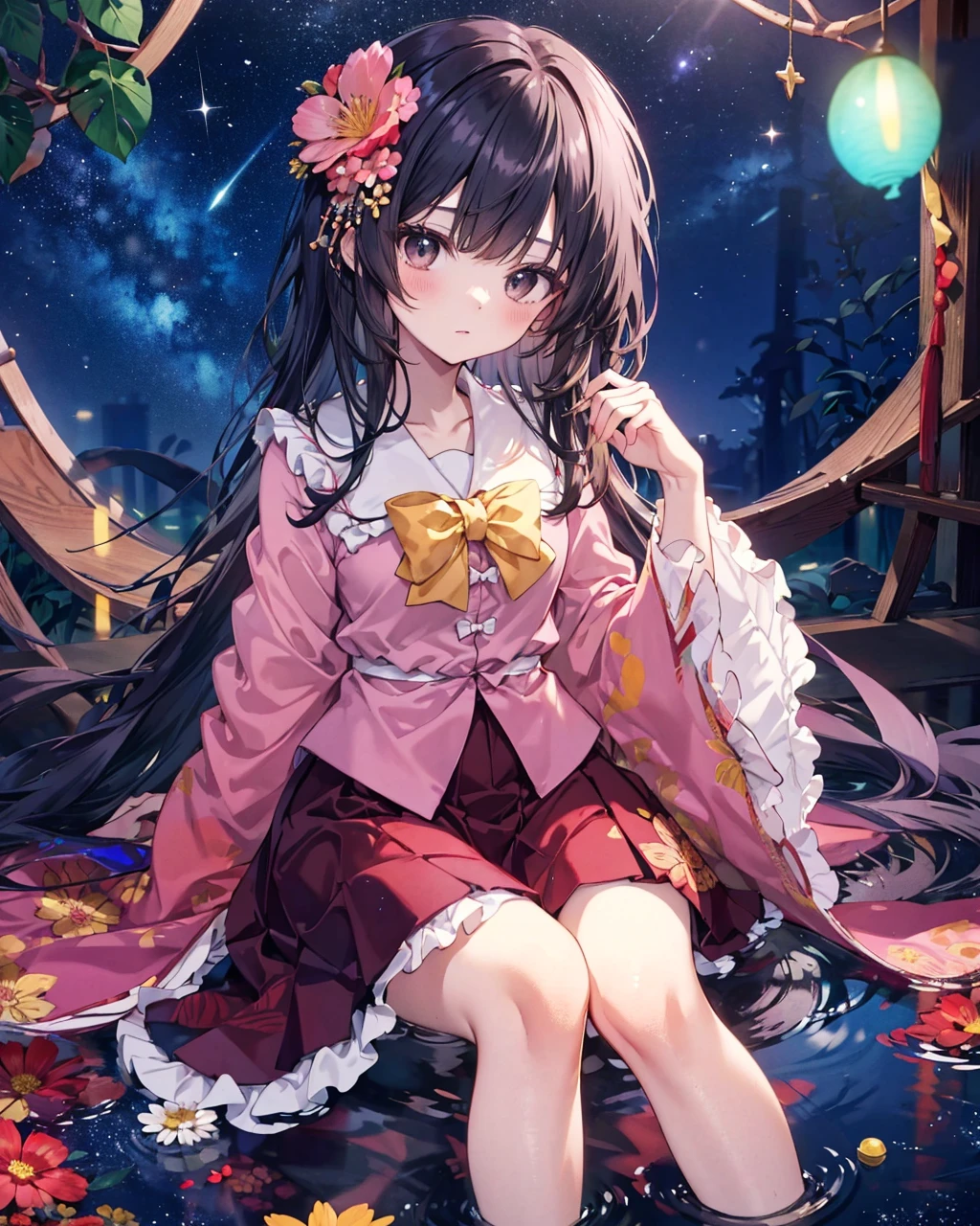 houraisan kaguya, 1girl, solo, red skirt, pink shirt, long sleeves, hair ornament, hair flower, wide sleeves, flower, black eyes, bamboo, feet out of frame, sitting, closed mouth, looking at viewer, night, star (sky), frilled sleeves, sky, night sky, starry sky, sidelocks, <lora:HouraisanKaguyaV1:1>,jeweled branch of hourai,