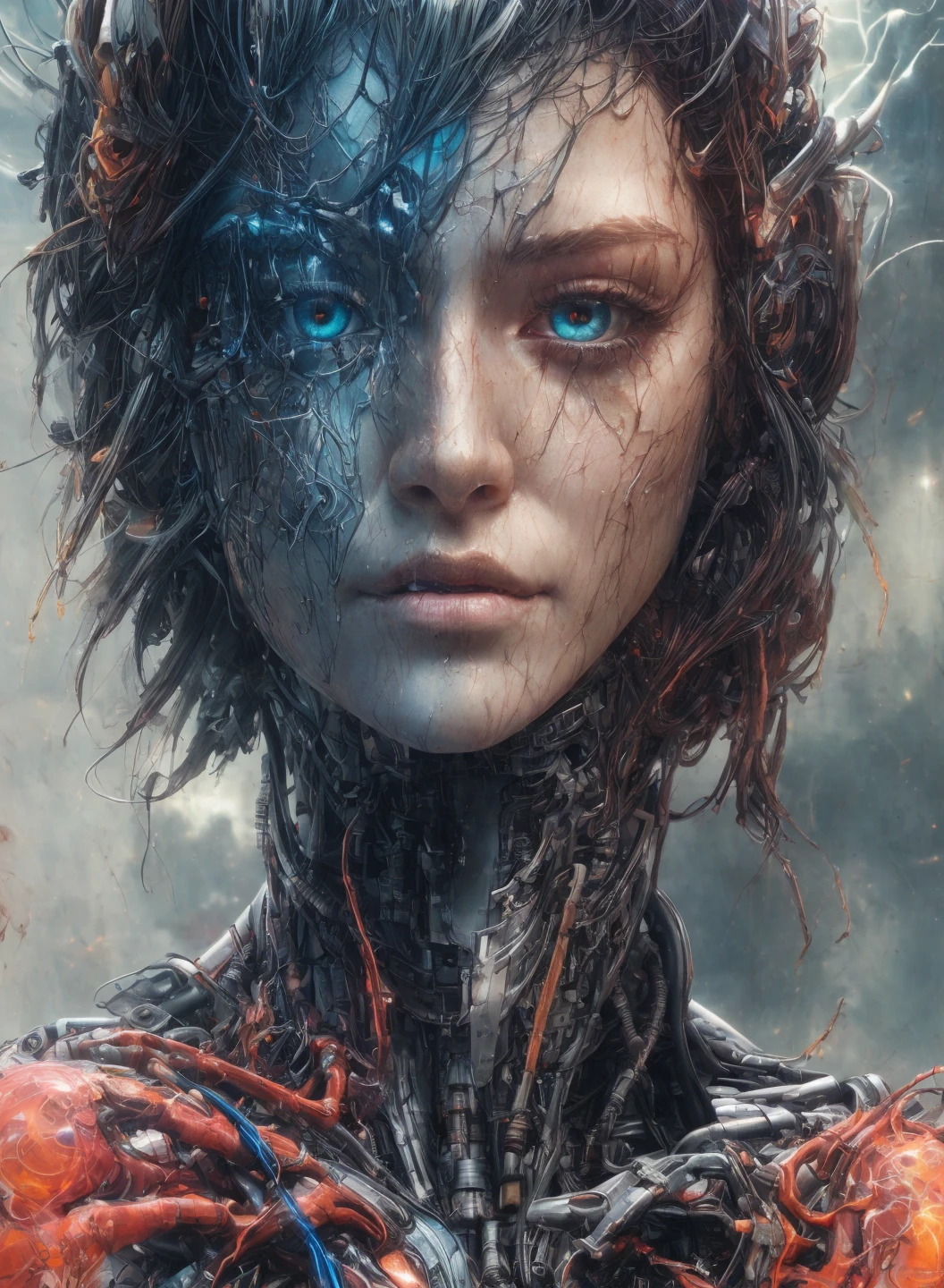 a cyborg robot, lights, scars, refractions, posing, ultradetailed, HD, 8K, highlights, good lighting, the most amazing effect, sci-fi,((art by carne griffiths and sean yoro))