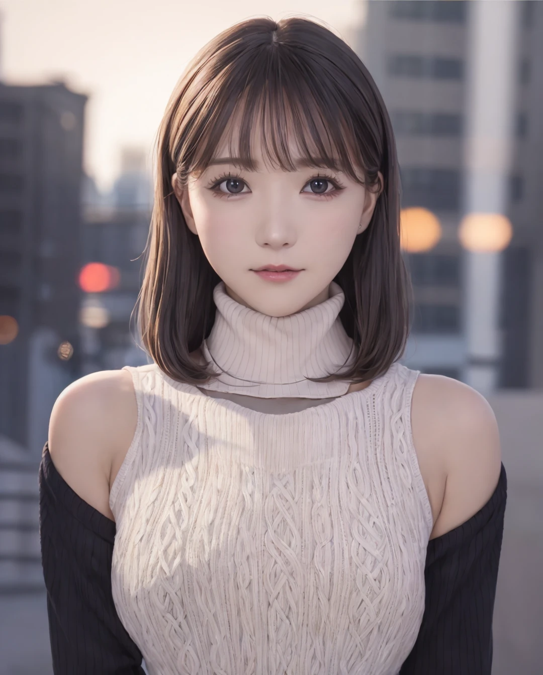 pureerosface_v1, best quality, photorealistic, 8k, high res, 1girl, woman, (skindentation), (portrait:0.6), parted lips, smile, ((cityscapebackground:2)), ((smallsize round breast, highneck sweater:1.7)), straight-looking at viewer:1.8, (1girl eyes looking at viewer:1.45, medium-length hair, blackhair, partedbangs:1.45), photorealistic, (bokeh), <lora:CBAV-yua:0.65>