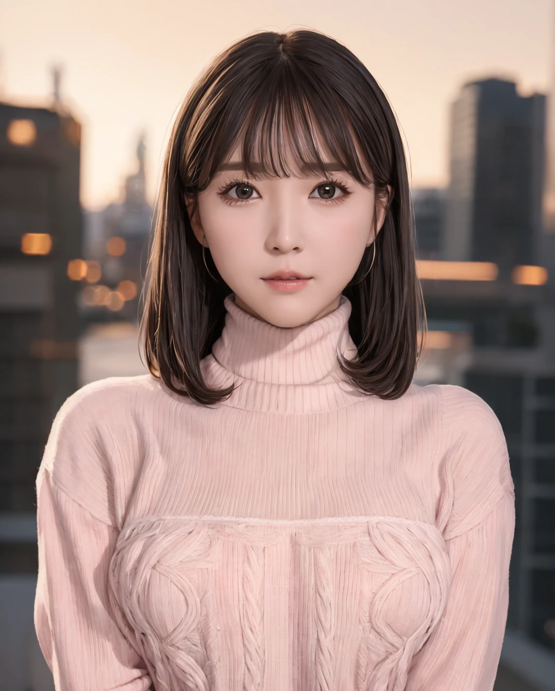 pureerosface_v1, best quality, photorealistic, 8k, high res, full color, 1girl, woman, 20 years old woman, (skindentation), (portrait:0.6), ((cityscapebackground:1.62)), full color, ((smallsize round breast, highneck sweater:1.65)), closed mouth, straight-looking at viewer:1.8, (1girl eyes looking at viewer:1.55), (short-length hair, blackhair, partedbangs:1.45), (bokeh),