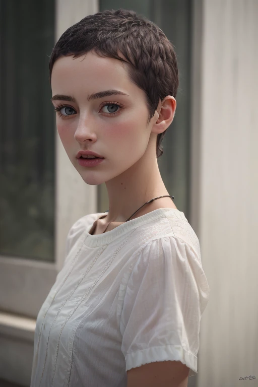masterpiece, realistic, 8k, (1woman:1.3), european, hazelnut green eyes, white shirt, (dark hair:1.1) , <lora:A_Short_Cut:1>short-cut,(buzz-cut:1.3),