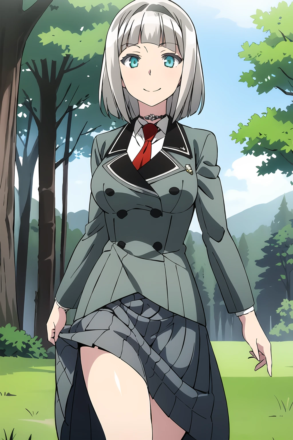 masterpiece, 1girl, anna nishikinomiya, short hair, silver hair, standing, skirt, jacket, necktie, aqua eyes, smile, outside, forest, grass, beautiful