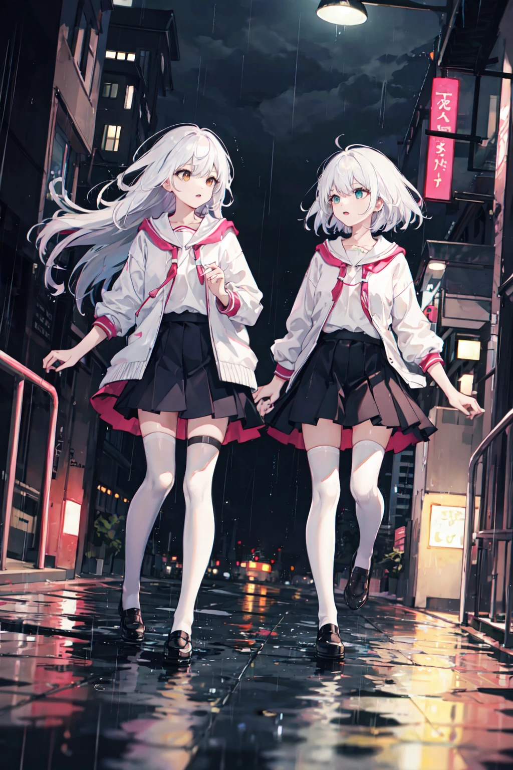 ,twins,white hair,stockings,mature female,rain,night city