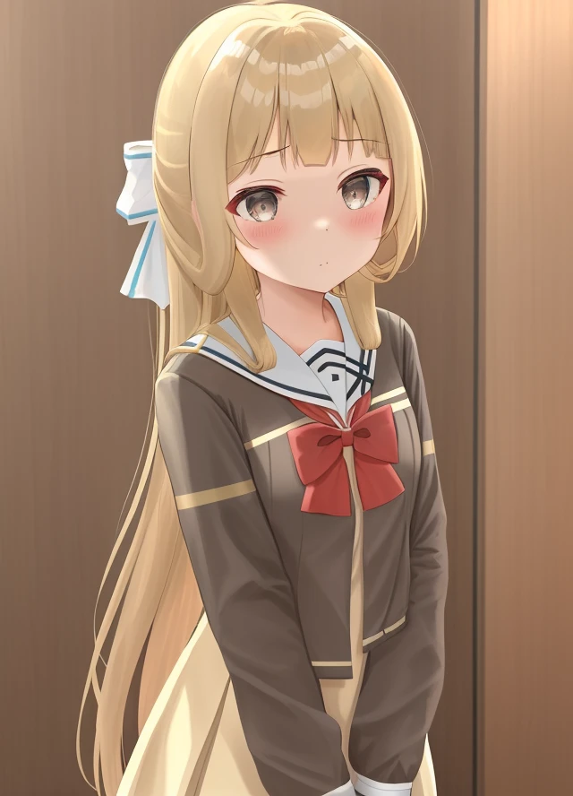 <lora:Nogi_Sonoko-10:0.8>,1girl,solo, Nogi_Sonoko, blush, blonde hair, brown hair,grey eyes, long sleeves, dress, bow, ribbon, very long hair, school uniform, hair ribbon, serafuku, blunt bangs, bowtie, sailor collar, red bow, dress