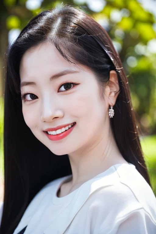 (((dahyunnie, dahyun)), ((8k, best quality, masterpiece:1.2), (realistic, photo-realistic:1.37),best quality,masterpiece,unity,an extremely delicate and beautiful,extremely detailed,Amazing,finely detail,masterpiece,best quality,official art,absurdres,incredibly absurdres,huge filesize,ultra-detailed,highres,beautiful detailed girl, slim body, outdoor, nature, ((looking at viewer)), black hair, white tshirt, ((black eyes)), grin, upper body, portrait,<lora:Dahyun_Dreambooth:1>