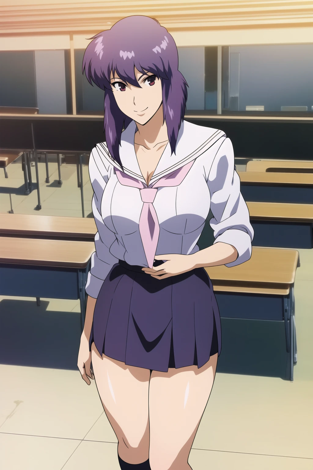 ghostalone, motoko_kusanagi, ((school uniform)), (mini-skirt)), <lora:motoko_kusanagi_stand_alone_ver-08:0.7>, 1girl, masterpice, high quality, best quality, good body, good hands and fingers, official art, (solo), big breasts, (school room) , sexy, sensual, science fiction, cyberpunk, (sculpted body), smile, sexy pose, modeling
