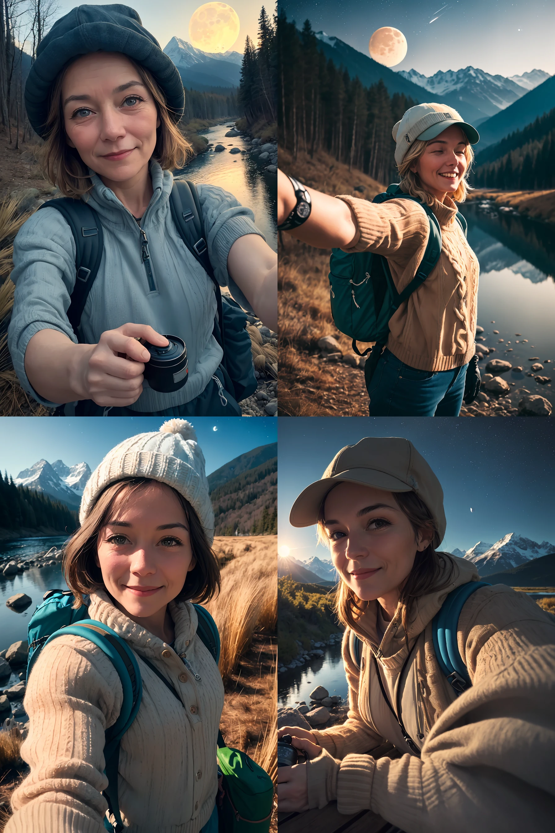 1 woman((upper body selfie, happy)), masterpiece, best quality, ultra-detailed, solo, outdoors, (night), mountains, nature, (stars, moon) cheerful, happy, backpack, sleeping bag, camping stove, water bottle, mountain boots, gloves, sweater, hat, flashlight, forest, rocks, river, wood, smoke, shadows, contrast, clear sky, analog style (look at viewer:1.2) (skin texture) (film grain:1.3), (warm hue, warm tone) :1.2), close up, cinematic light, sidelighting, ultra high res, best shadow, RAW, upper body, old man, wearing pullover
