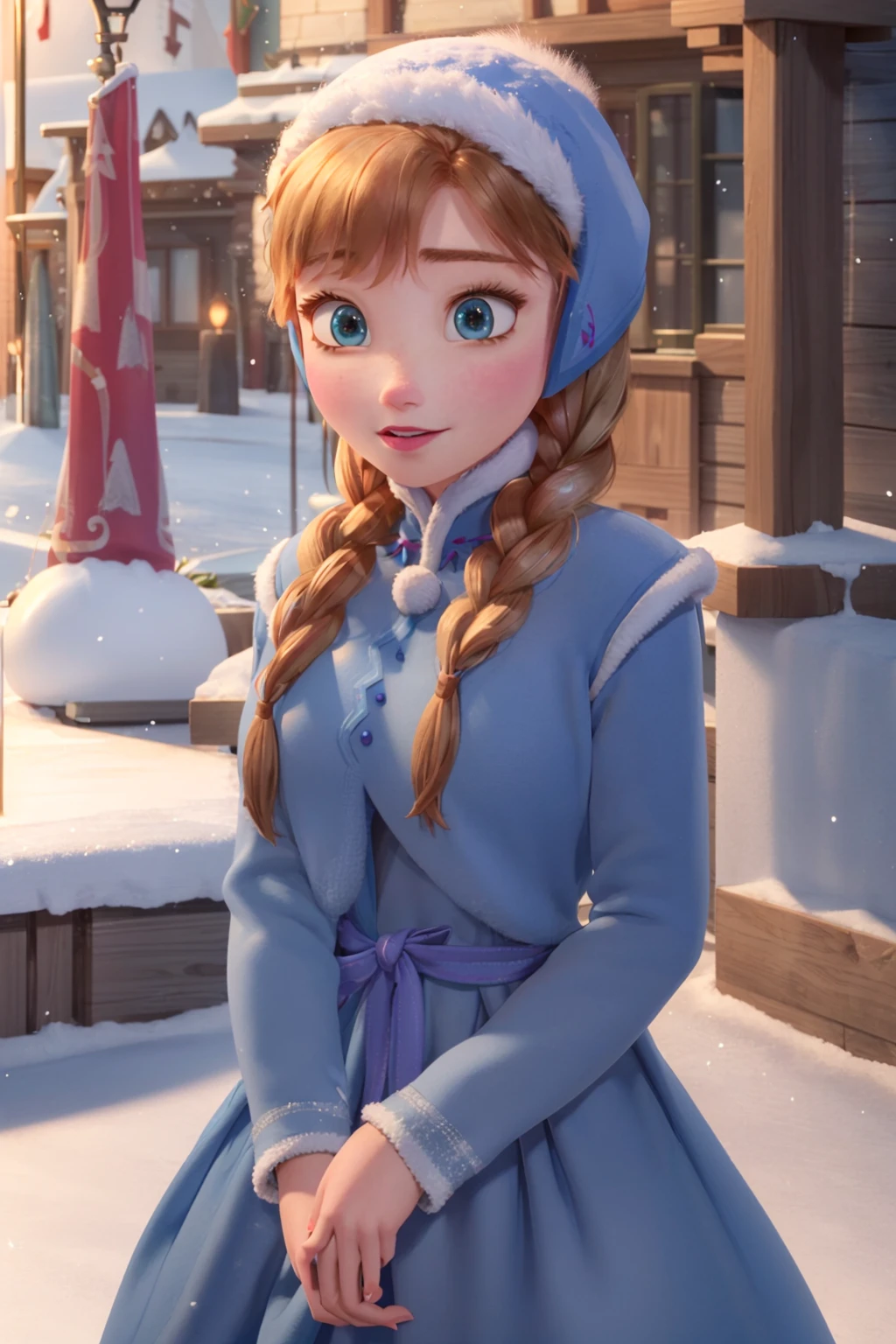 (masterpiece:1.4), (best qualit:1.4), (high resolution:1.4), 
anna of arendelle, blue christmas dress, blue cap, twin braids, 
outdoors, winter, snow,
<lora:anna_of_arendelle_v21:1>