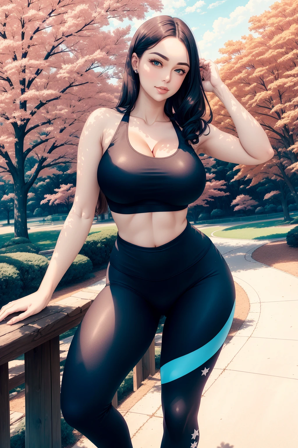 legging, <lora:Scrunch-Legs-V3:1>,, cleavage, sports bra, detailed face, colorful clothing, park, sky, trees