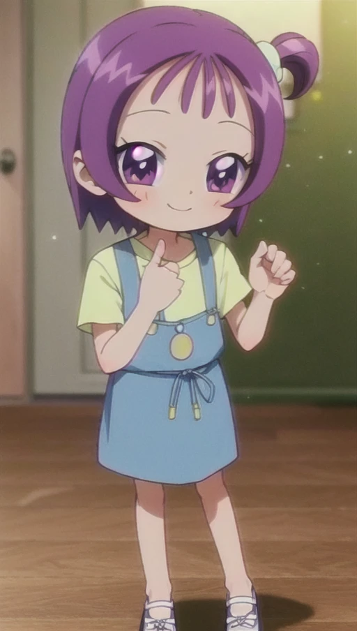 (bloom lighting), (smooth lighting), (smooth coloring), (smooth shading), (light particles),(bestquality),(masterpiece), game cg, 4k,(5 fingers:1.5),( girl), (ultimate cute girl), (segawa onpu), 1girl, (full body),purple hair, purple eyes, short hair, side ponytail, (casual), (model pose), (smile), <lora:onpu_segawa_v1:0.8>