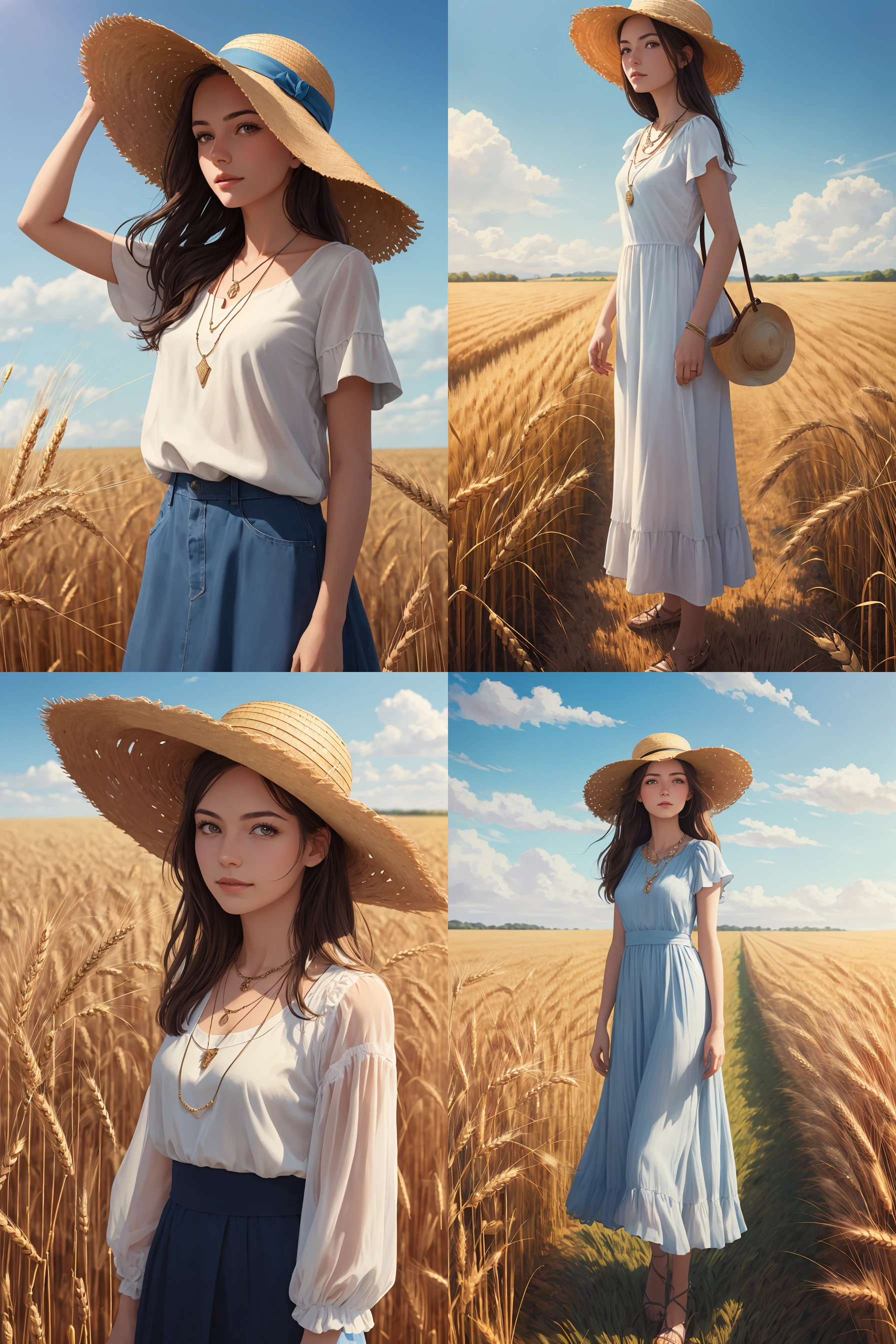 (masterpiece),(best quality:1.0), (ultra highres:1.0), detailed illustration, portrait, detailed,1girl standing in wheat field,full body, straw hat, hat ornament, wind, blue sky, necklace,looking at viewer, (foreground, wheat), <lora:japanesedolllikenessV1_v15:1>