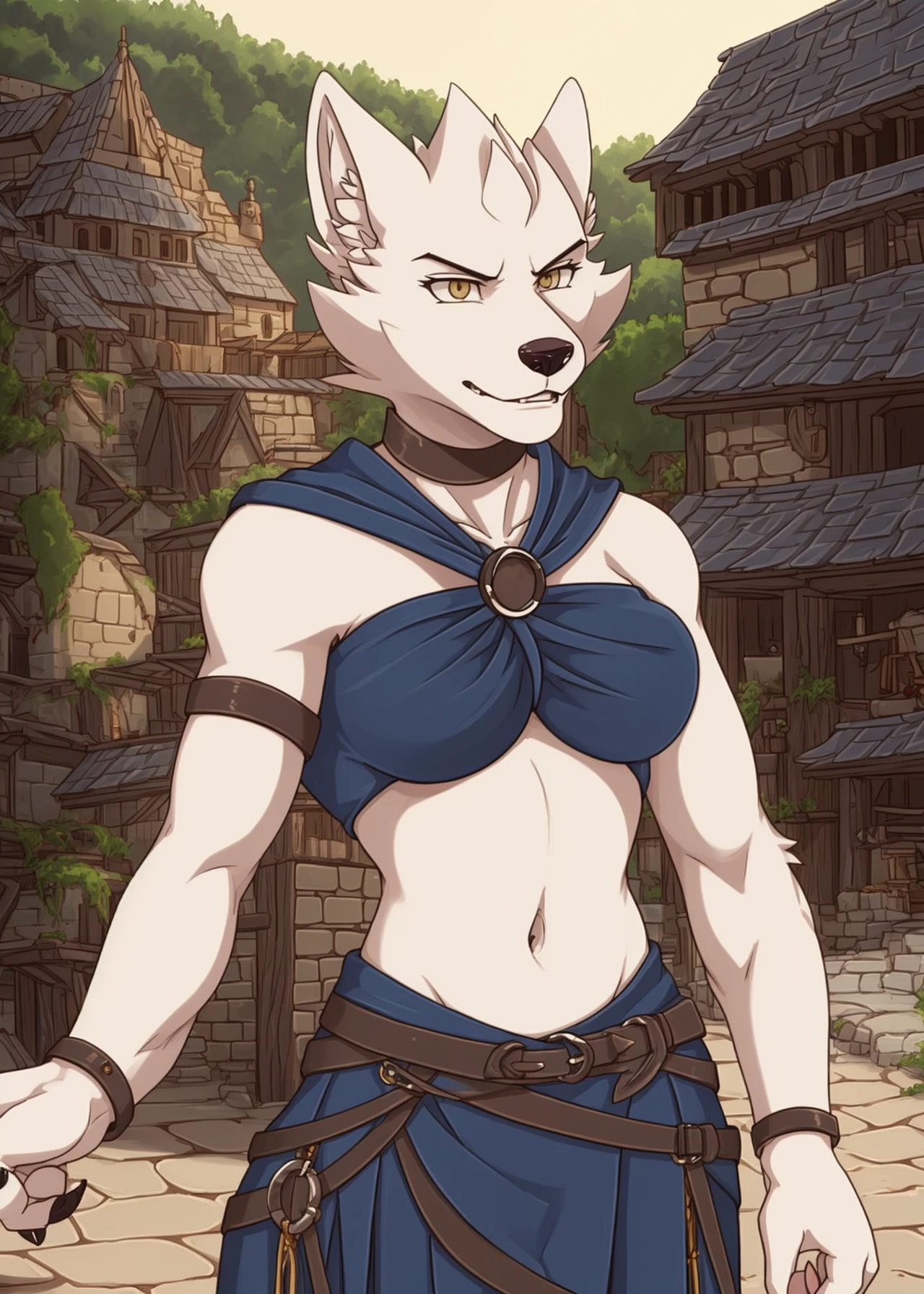 <lora:verissa-07:1>, verissa, solo female, solo, clothed, looking at viewer, navel, bare shoulders, closed mouth, collarbone, choker, belt, bracelet, arm support, ring, armlet, breasts, medium breasts, sunny day, canine face, snout, canine, wolf, (white fur), village, middle age village, medieval  village, angry, snarl