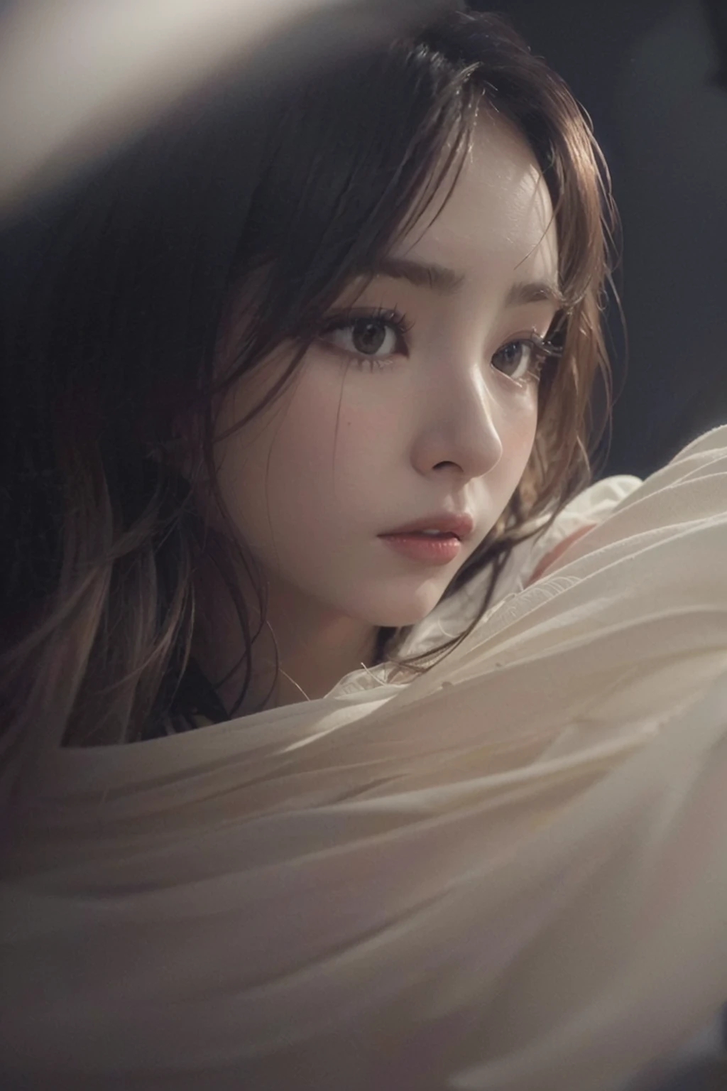 ((You may be one person to the world but you may also be the world to one person, paradox, Adrian Ghenie, jenny saville, edward hopper, dark art by James Jean, Takato Yamamoto)),(RAW photo, best quality), ((Nostalgia,1980s syle)),(A girl with a literary atmosphere:1.2),(realistic, photo-realistic:1.3), extremely delicate and beautiful, Amazing, finely detail, masterpiece, ultra-detailed, highres,best illustration, best shadow,intricate,depth of field,(closeup portrait of a young beautiful woman:1.2),(long legs:1.4),long hair,messy hair,((((low key,dark scene,dimly lit)))),(((soft lighting:1.4))),(pale skin:1.4),(shy smile),(cinematic angle),sharp focus, volumetric fog, 8k UHD, DSLR, high quality,( film grain:1.4), Fujifilm XT3,(looking at viewer)<lora:FilmProvia2:1.0>