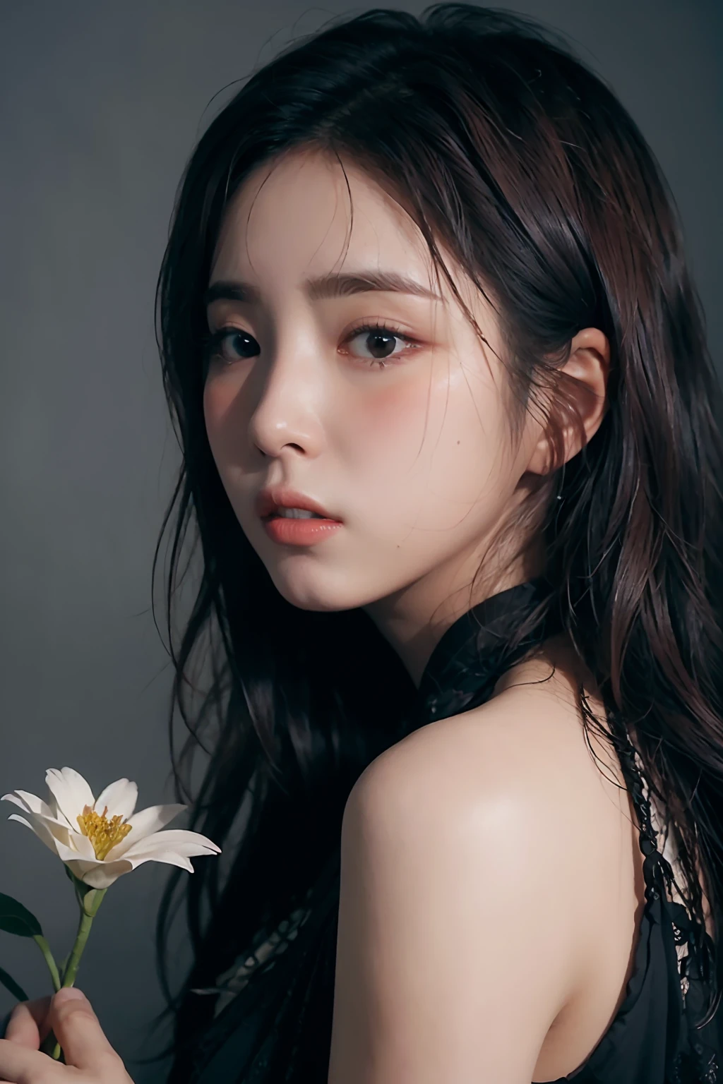 photorealistic:1.4,(flower filed),Poetic lens,obscure light and shadow,aestheticism,brooding,emotional depth,supernatural,1girl,solo,Neck,enchanting elegance, atmospheric depth, naturalistic representations, harmonious composition, <lora:FilmG4:0.6:PALETTE>, parted lips, long straight hair, looking at viewer, from side<lora:FilmProvia2:1.0>