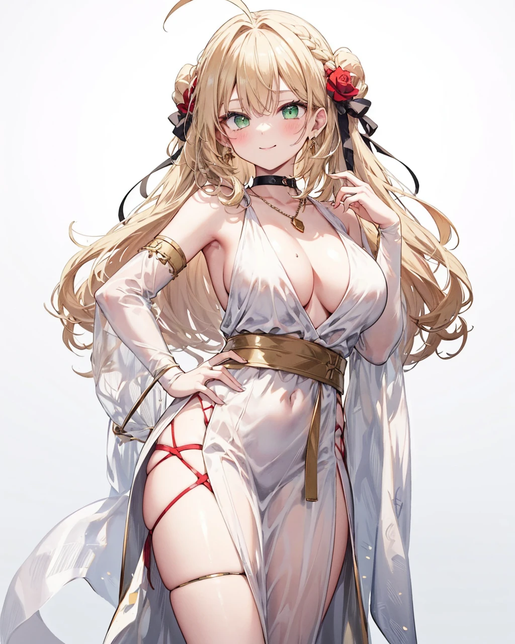 <lora:GreekClothes:1>,
greek clothes, peplos, 1girl, breasts,blonde hair, ahoge, green eyes, flower, hair intakes, looking at viewer, large breasts, solo, rose, jewelry, bangs, hand on hip, ribbon, thighs, collarbone, white background, smile, detached sleeves, braid, hair ribbon, sword, french braid, thighlet, cleavage, simple background, red ribbon, earrings, long sleeves, red rose, mouth hold, blush, long hair, necklace