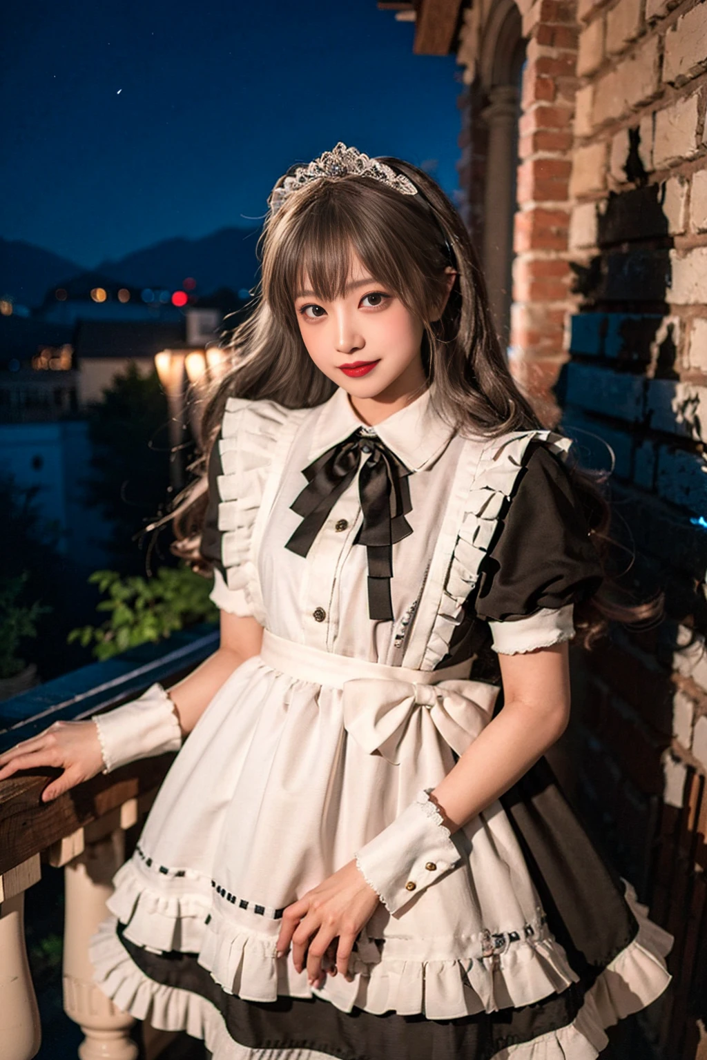 realistic, photorealistic, masterpiece, best quality, 1girl, solo, standing in castle, night, looking at viewer, smile,maid_dress, <lora:Cute Asian Face:0.7>, <lora:maid_dress_v1:0.75>