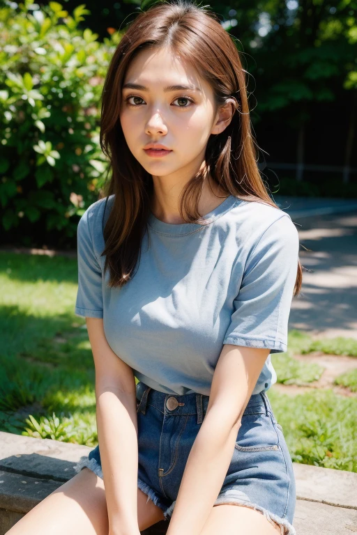 (masterpiece),((ultra-detailed)),(highly detailed CG illustration),(expressionless),(best quality:1.2),realistic8K UHD,High definition,(1girl:1.2),High quality texture,intricate details,detailed texture,finely detailed,high detail,extremely detailed cg,High quality shadow,a realistic representation of the face,Detailed beautiful delicate face,Detailed beautiful delicate eyes,brown eye pupil,a face of perfect proportion,Depth of field,Cinematic Light,Lens Flare,Ray tracing,perspective,20s,Prominent Nose,slender face,tall girl,white skin,(big eyes:1.2),blush,glossy lips,perfect body,lean body,Particles of Light,(narrow waist:1.3),large breast,distinct_image,high_resolution,(lustrous skin),solo focus,(brown hair),(finely detailed beautiful eyes and detailed face),(detailed face),(hair streaked hair),light source contrast,buzzcut,withering look,long hair,(pureerosface_v1:0.5),ulzzang-6500-v1.1:0.5,<lora:YJA55:0.6> ,(((blue shirt, ))),((((jean shorts)))),high heel shoes,