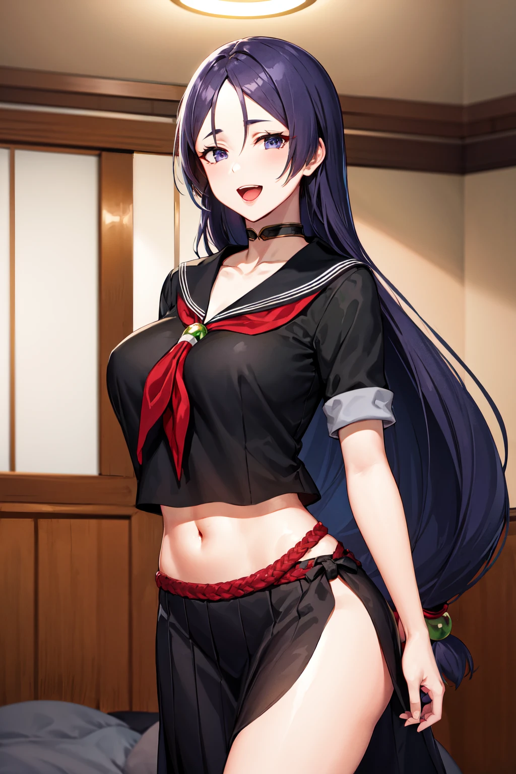 masterpiece, best quality, highres, hmmr1, minamoto no raikou (fate), low-tied long hair, school uniform, black serafuku, black shirt, crop top, collarbone, neckerchief, midriff, long skirt, choker, side slit, sailor collar, <lora:minamoto_no_raikou_v1:0.7>, smile, cowboy shot, open mouth, arms behind back, indoors