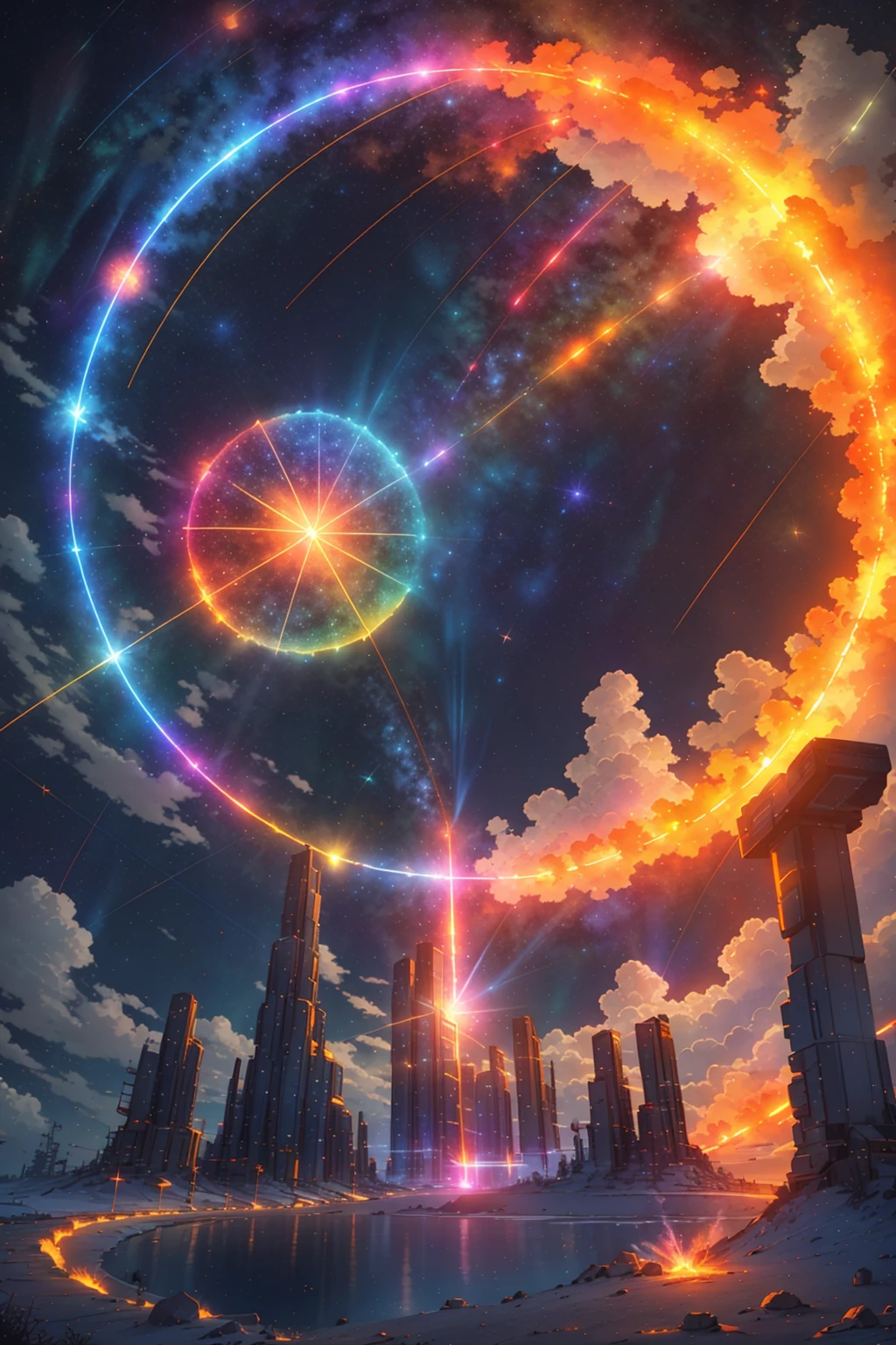 <lora:FuturusticScapes-v2:1>,large glowing portal, star (sky), starry sky, fire, space, milky way, embers, shooting star, galaxy, sunset, night sky, explosion, sky, night, aurora, fireworks, light particles, burning, planet, twilight, flame, science fiction, starry background, sparks, snowing, dusk, gradient sky, skyline, earth (planet), sun, evening, no humans, scenery, orange sky, cloud, ruins, diffraction spikes, constellation, light, light rays, torch, sunrise
