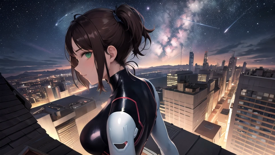 masterpiece, best quality, aesthetic, science fiction, 1girl, solo, green eyes, brown hair, one side up, bodysuit, (profile), from above, looking at viewer, (rooftop, milky way), cinematic lighting, highres, sharp focus