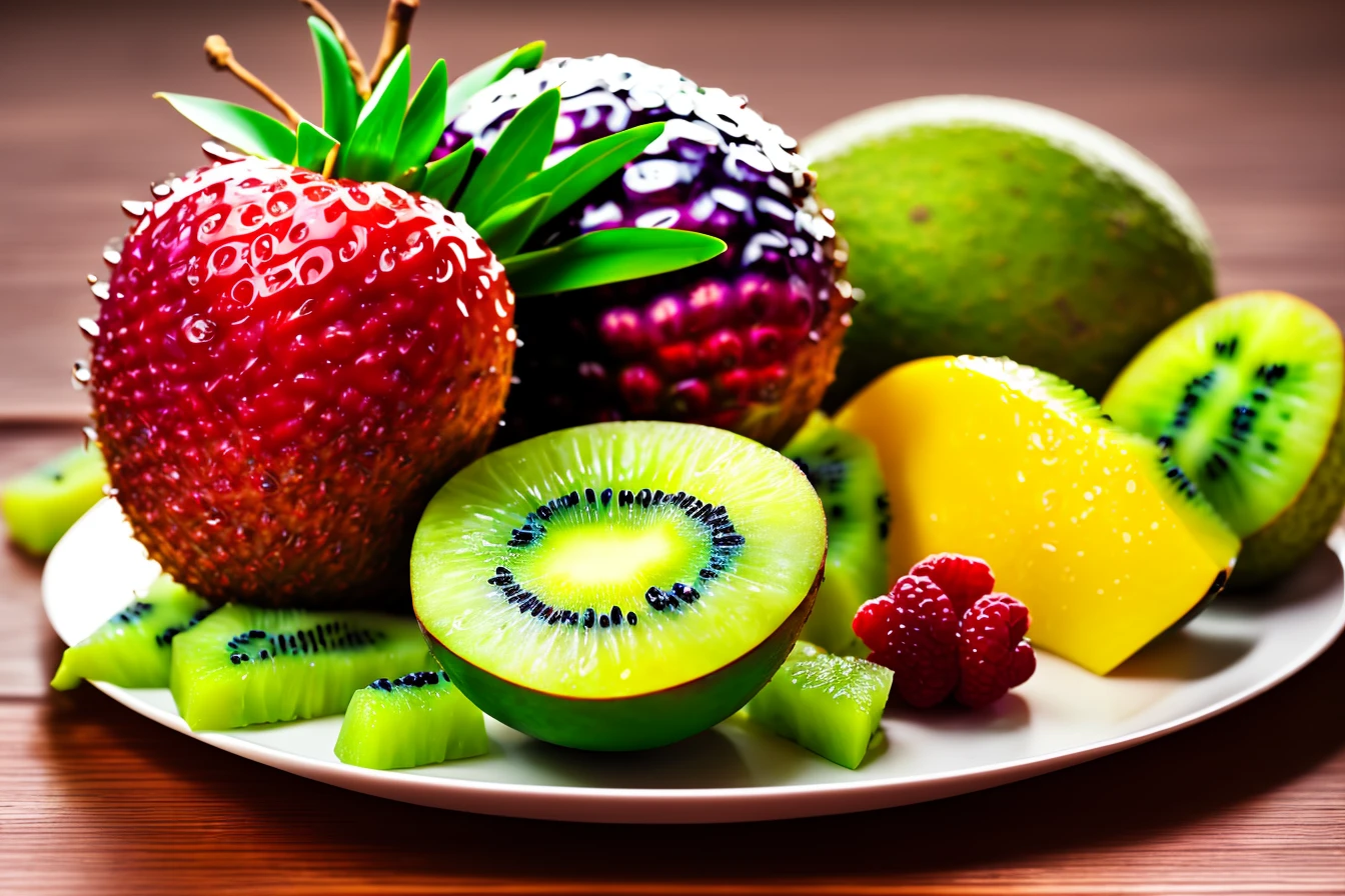 4k, lots of delicious tropical fruits with drops of moisture on table, a lot of details