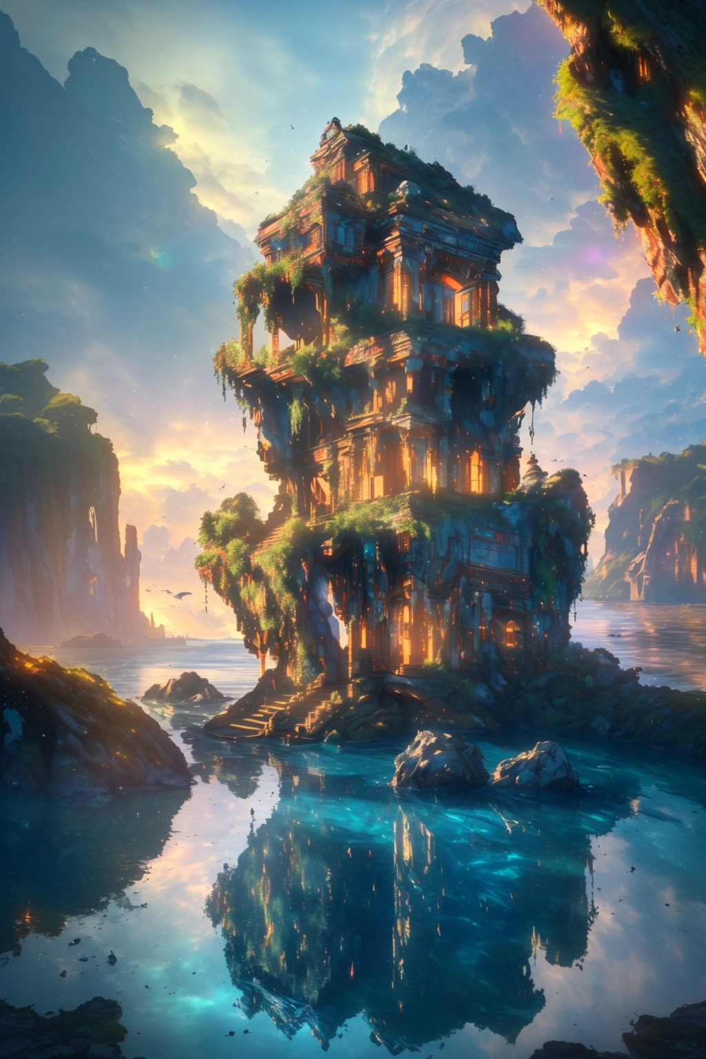 (8k, RAW photo, best quality, masterpiece:1.2), (realistic, photo-realistic:1.37), octane render, ultra high res, ultra-detailed , professional lighting, photon mapping, radiosity, physically-based rendering, ue5, ((island sanctuary)), ((ancient fallen kingdom)), ((reflections in water)), ((raytracing)), ((drowned city))