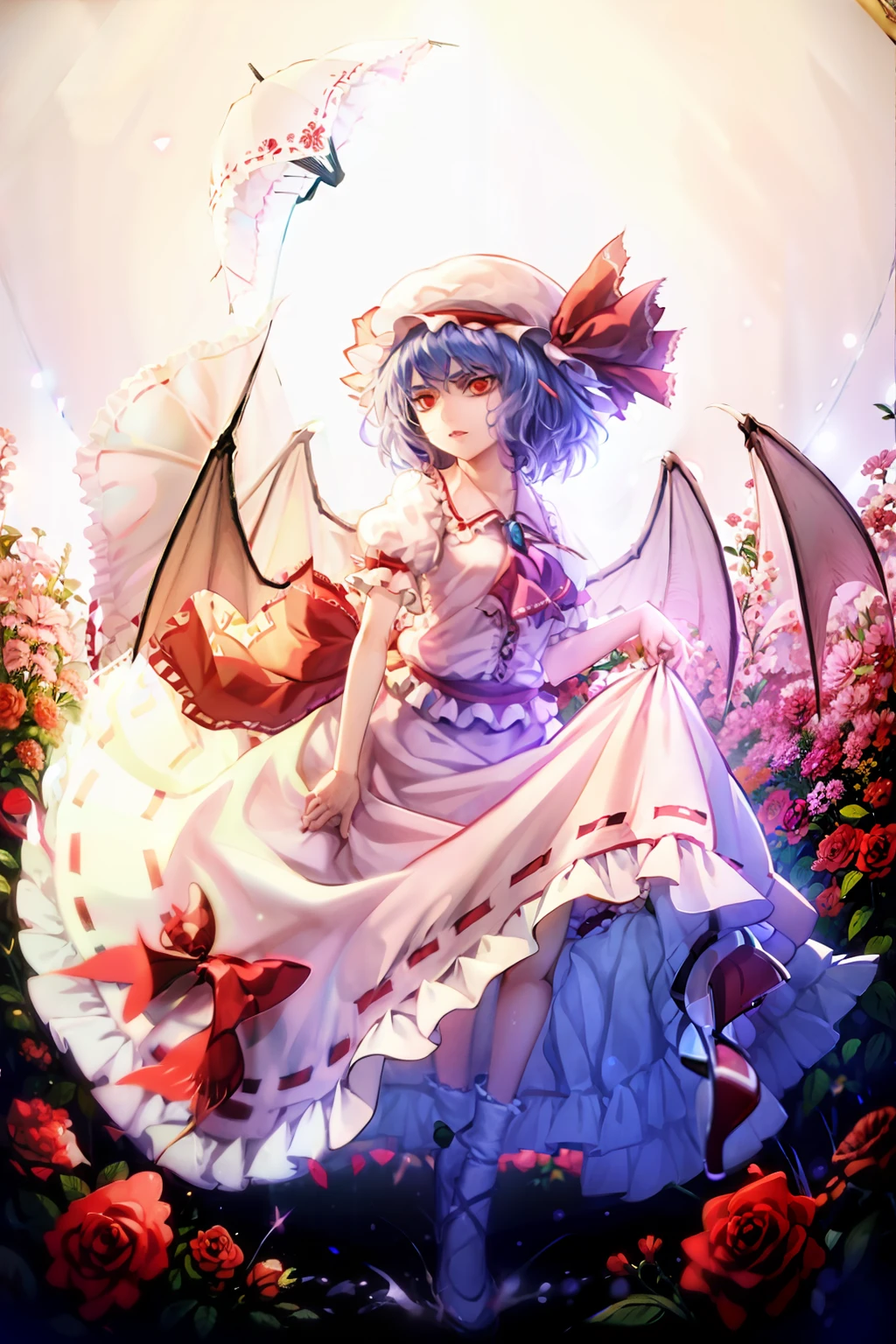 masterpiece, best quality, <lora:remilia:1>, <lora:lq:1>,lqstyle01,1girl, solo, remilia scarlet, hat, wings, bat wings, umbrella, red eyes, flower, hat ribbon, mob cap, ribbon, dress, ascot, looking at viewer, blue hair, long sleeves, short hair, rose, pink dress, parasol, bow, skirt set, puffy sleeves, shirt, skirt, full body, shoes, pink flower, pink rose