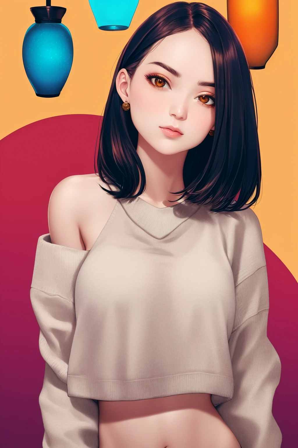 cropped sweater, midriff, sweater, 1girl, detailed face, hanging laterns, illustrated