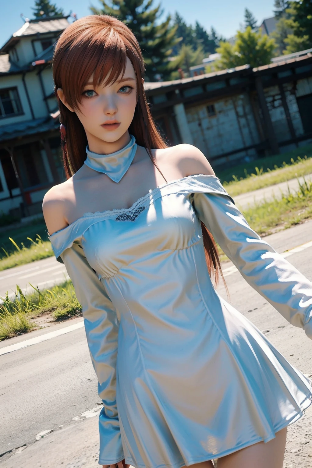 (8k, RAW photo, best quality, masterpiece:1.2), ( soft lighting, high saturated):1.4,blurry_background,looking at viewer, white dress, off shoulder, orange hair, detailed eyes, long hair, bangs, full body, long sleeves, <lora:Ryne_1.0:0.7> outdoors, from below