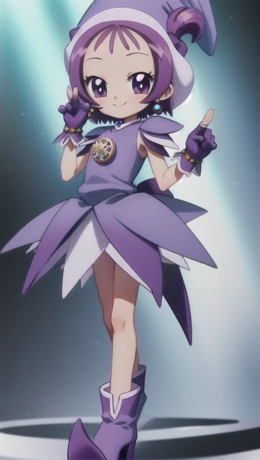 (bloom lighting), (smooth lighting), (smooth coloring), (smooth shading), (light particles),(bestquality),(masterpiece), game cg, 4k,(5 fingers:1.5),( girl), (ultimate cute girl), (segawa onpu), 1girl, (full body),purple hair, purple eyes, short hair, side ponytail, (onpuwitch01),(purple gloves:1.5), jewelry, purple hat, purple boots, earrings, compact (cosmetics), skirt, purple dress , (magical girl), (model pose), (smile), <lora:onpu_segawa_v1:0.8>