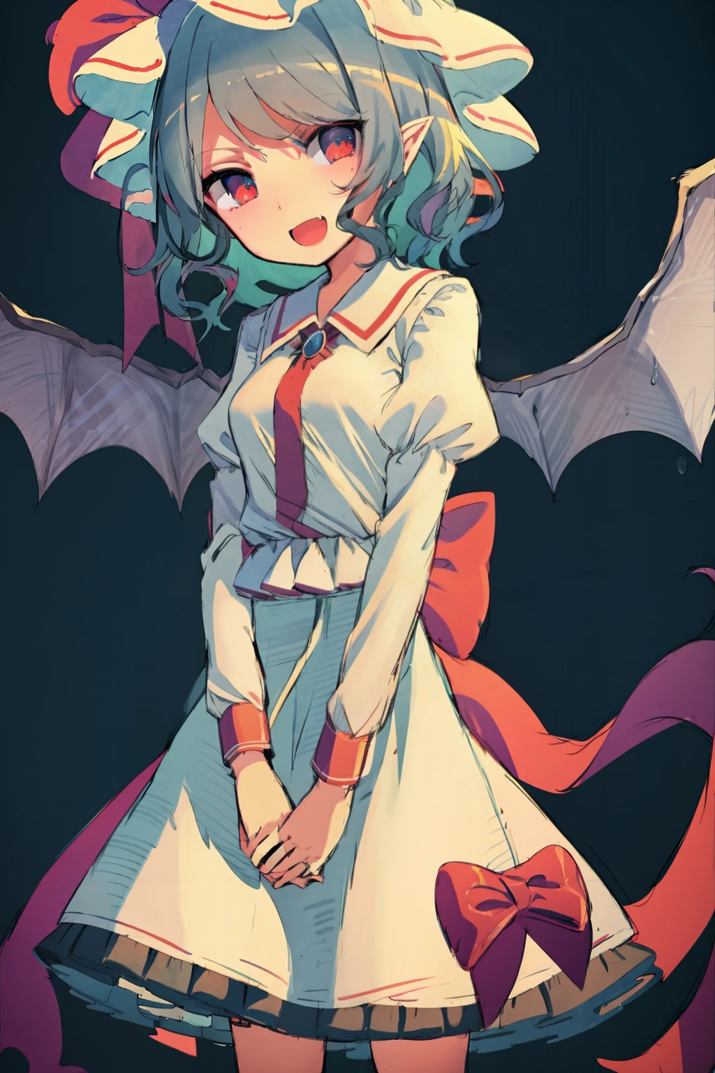 masterpiece, best quality, <lora:remilia:1>, <lora:style02:1>,1girl, solo, hat, ribbon, thighhighs, skirt, remilia scarlet, wings, red ribbon, blue hair, long sleeves, pink skirt, simple background, open mouth, mob cap, red eyes, puffy sleeves, black thighhighs, neck ribbon, juliet sleeves, bat wings, pointy ears, looking at viewer, short hair, frills, grey background, shirt, hat ribbon, smile, white shirt, zettai ryouiki, blush, white headwear, fang, head tilt, small breasts, sketch, breasts, :d, cowboy shot, standing, bangs, own hands together, center frills, v arms, frilled skirt, alternate costume, petticoat