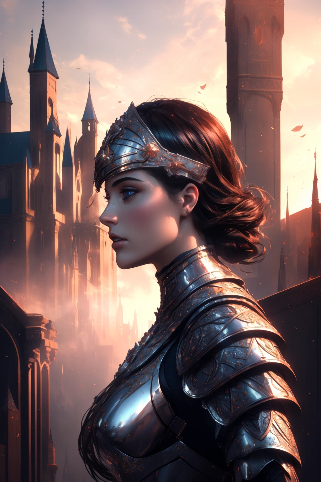 (masterpiece), (extremely intricate:1.3), (realistic), portrait of a girl, the most beautiful artwork in the world, (medieval armor), metal reflections, upper body, outdoors, intense sunlight, far away castle, professional oil painting of a stunning woman by Ed Blinkey and Atey Ghailan and Jeremy Mann and Greg Rutkowski, detailed, sharp focus, dramatic, award winning, matte drawing, cinematic lighting, octane render, unreal engine, volumetrics dtx