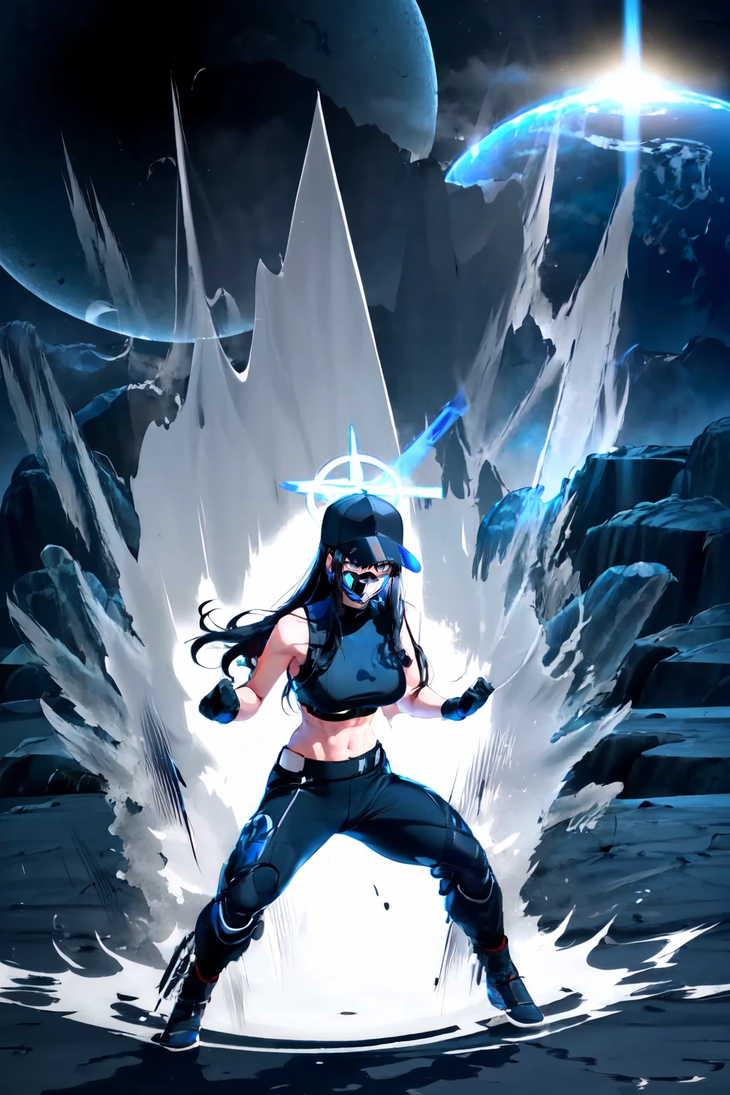 Highly detailed, High Quality, Masterpiece, beautiful, Ki Charge, aura, fighting stance, full body, <lora:DBKiCharge:0.9>, white aura, saori, 1girl, solo, halo, long hair, blue eyes, mouth mask, black hair, black mask, pants, black headwear, black gloves, crop top, sleeveless, halo, large breasts, black shirt, <lora:Char_BlueArchive_Saori:1>