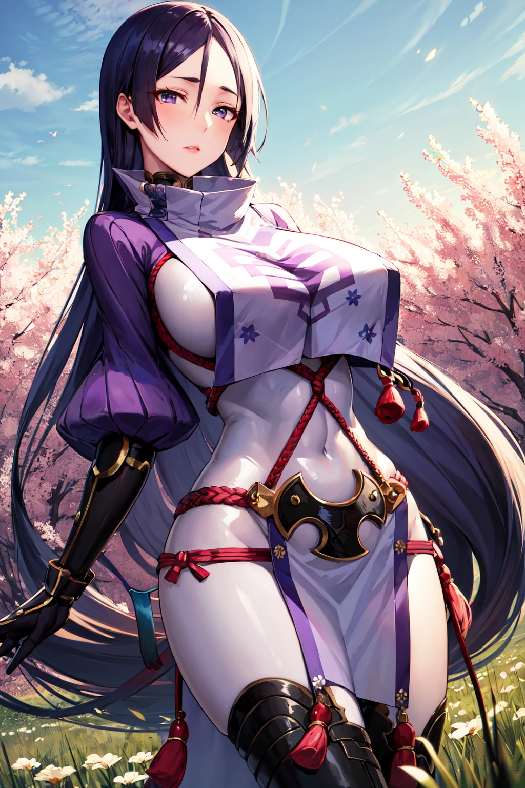 masterpiece, best quality, highres, hmmr1, minamoto no raikou (fate), high collar, gloves, japanese clothes, loincloth, (breast curtain:1.1), ribbed sleeves, rope, (bodysuit:1.2), <lora:minamoto_no_raikou_v1:0.7>, standing, outdoors, field, flower, cowboy shot,