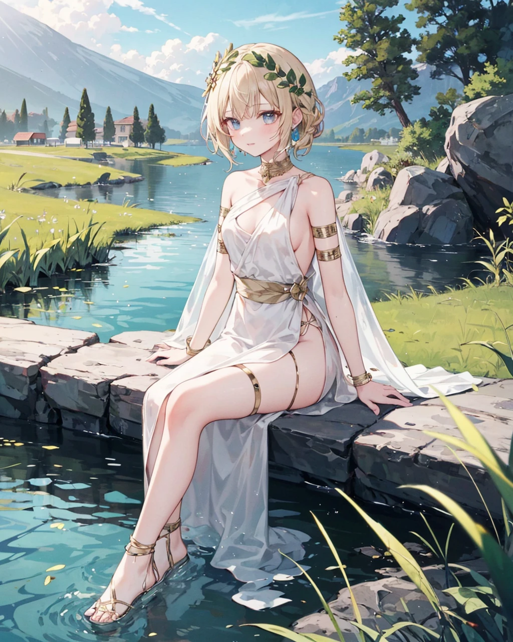 1girl,solo,, greek clothes, peplos, laurel crown, armlet, <lora:GreekClothes:1>,
sitting,outdoors,lake,rock,reeds,