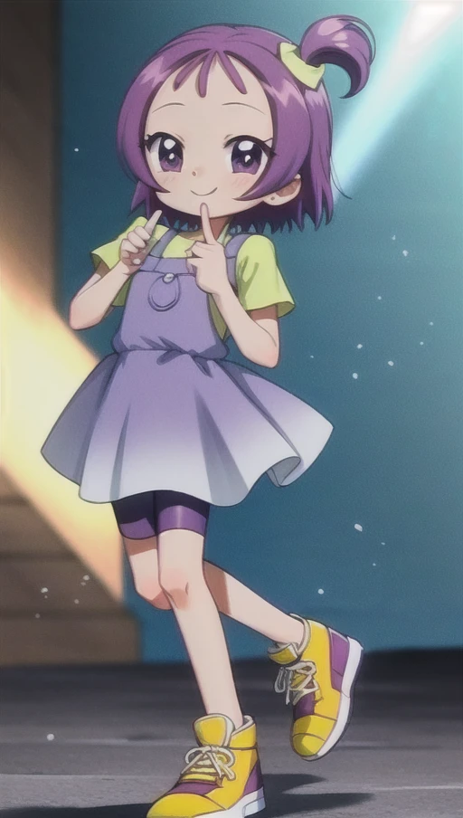 (bloom lighting), (smooth lighting), (smooth coloring), (smooth shading), (light particles),(bestquality),(masterpiece), game cg, 4k,(5 fingers:1.5),(little girl), (ultimate cute girl), (segawa onpu), 1girl, (full body),purple hair, purple eyes, short hair, side ponytail, (onpucos01), (purple dress:1.5), (light green shirt), bike shorts, (yellow sneakers), (model pose), (smile), <lora:onpu_segawa_v1:0.8>