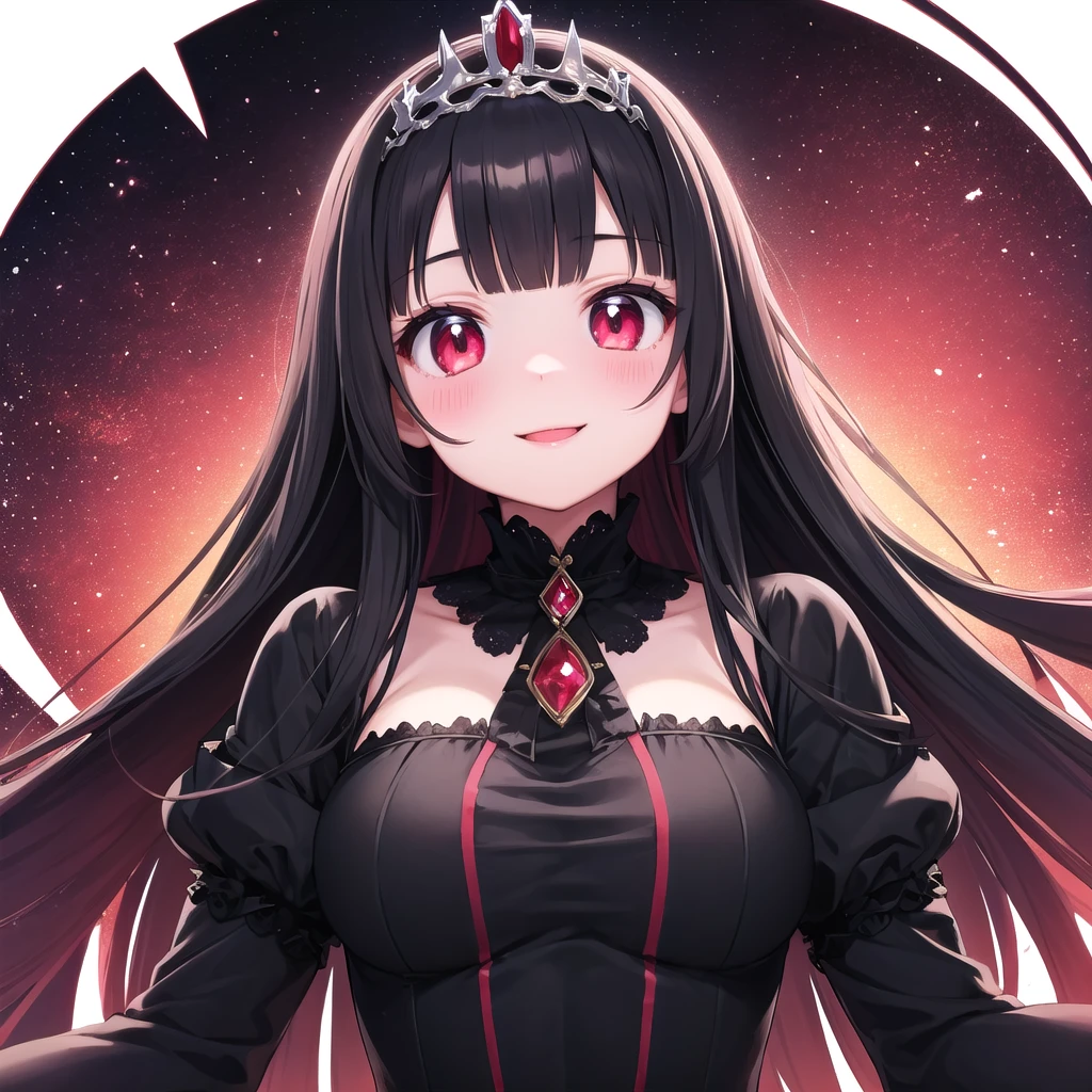 1girl,fantasy devil king black tiara black and red long layered frilled dress long sleeves  dark magic smile,