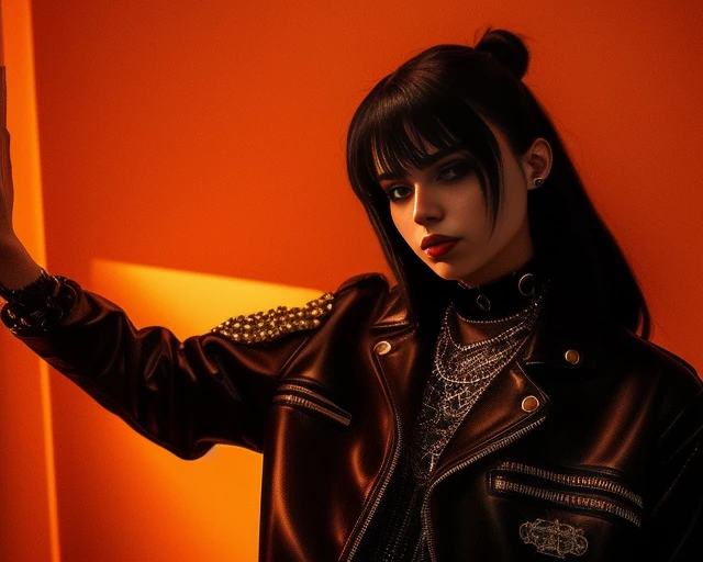egirl wearing a choker bedroom in the background, trending on ArtStation, trending on CGSociety, Intricate, Volumetric Lighting, Best Shadows, Shallow Depth of Field,beautiful clean face, fullbody, 1girl, teenager, wearing black techwear jacket and orange trousers with buckle and tape, (crystal necklace), posing for a picture , (Highest Quality, Amazing Details:1.25), (Solo:1.3), Brilliant Colorful Paintings, rawr
<lora:eGirls_v3:0.8>
