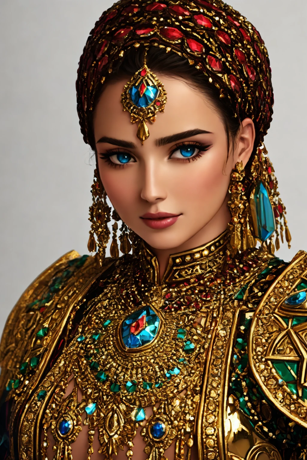 Masterpiece, high quality, 4K, beautiful design, shiny, from above, top angle, (redshift style:1.1), (analog style:1.1), sexy, realistic, photo shoot, professional, high contrast, blonde woman,[Salma Hayek|Dua Lipa], 1girl, solo, expressive look, HDR, highest quality, sharp focus, looking at viewer, facing viewer, 8k, blue eyes, wearing [Paladin_glam armor|Moroccan caftan], armor decorated with jewels, paladin armor, final fantasy xiv setting, woman wearing a ,(Moroccan style, Middle-Eastern style, :1.2), portrait, high quality art, high resolution, high definition, face close up, green eyes, puffy lips, smiling, surprised, blushing, lipstick, beautiful eyes, smooth skin, pretty woman, golden earrings, (((upper body picture))) <lora:Caftan_Armor:0.75>