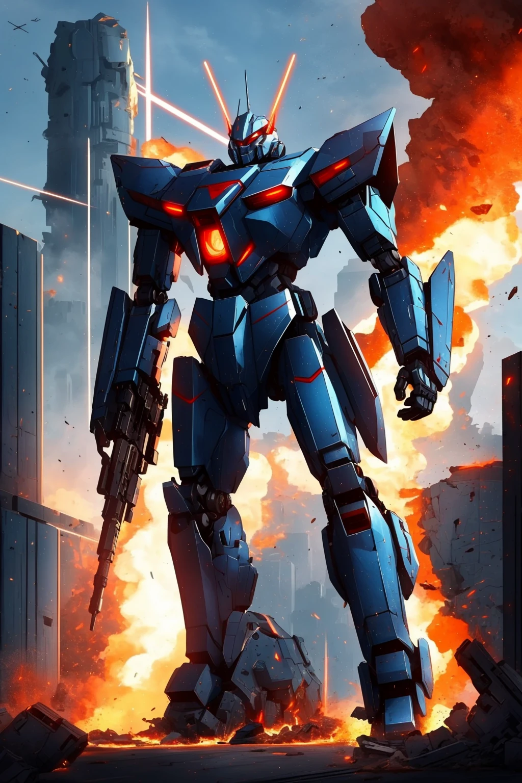 masterpiece, best quality, mecha, no humans, black armor, blue eyes, science fiction, fire, laser canon beam, war, conflict, destroyed city background