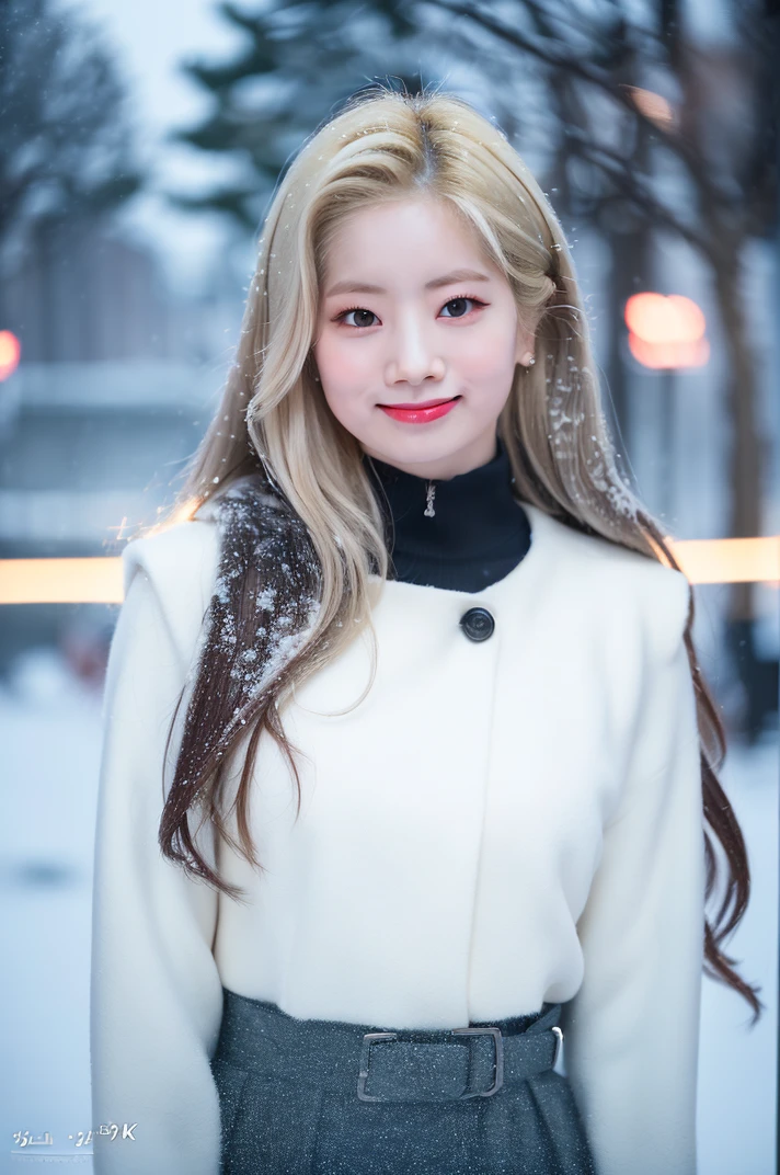 (((dahyunnie, dahyun)), professional portrait photograph of (dahyunnie), ((Dahyun) in winter clothing, long blonde hair, cute natural makeup, wearing elegant warm winter fashion clothing, ((standing outside in snowy city street)), stunning modern urban environment, ultra realistic, concept art, black eyes, elegant, highly detailed, intricate, sharp focus, depth of field, f/1. 8, 50mm, upper body, (((professionally color graded))), bright soft diffused light, (volumetric fog), trending on instagram, hdr 4k, 8k, smile, <lora:xelor_TwiceDahyun_2.0:1>