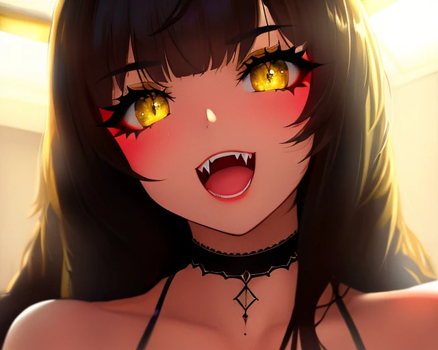 egirl wearing a choker bedroom in the background, trending on ArtStation, trending on CGSociety, Intricate, Volumetric Lighting, Best Shadows, Shallow Depth of Field, Portrait Of Stunningly Beautiful Girl, Petite, Delicate Beautiful Attractive Face With Alluring Yellow Eyes, Messy Painted Face, Sharp Eyebrows, Broadly Smiling, Open Mouth, Fangs Out, Lovely Medium Breasts, , (Highest Quality, Amazing Details:1.25), (Solo:1.3), Brilliant Colorful Paintings, rawr
<lora:eGirls_v3:0.8>