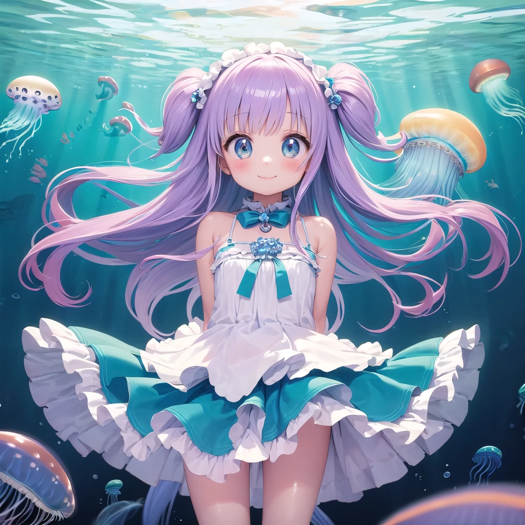 cute girl yeah,flat chest,kawaii,(jellyfish girl:1.2), arms behind back,underwater,frilled dress,smile,