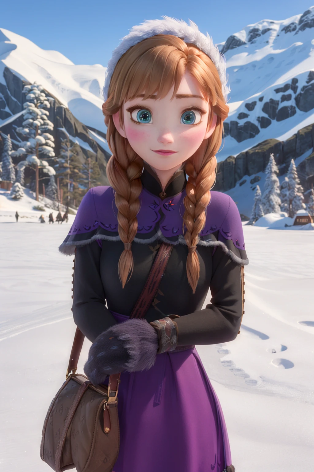 (masterpiece:1.4), (best qualit:1.4), (high resolution:1.4), anna of arendelle, embarrassed, winter, outdoors, mountain, twin braids, purple winter outfit, snow <lora:anna_of_arendelle_v2:1> looking at viewer,