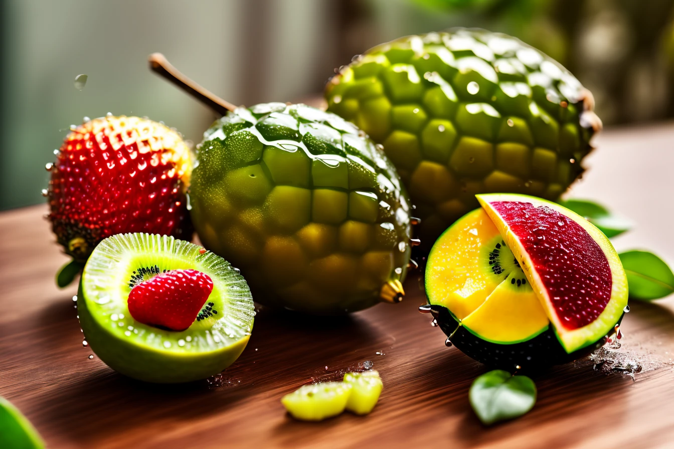 4k, lots of delicious tropical fruits with drops of moisture on table, a lot of details
