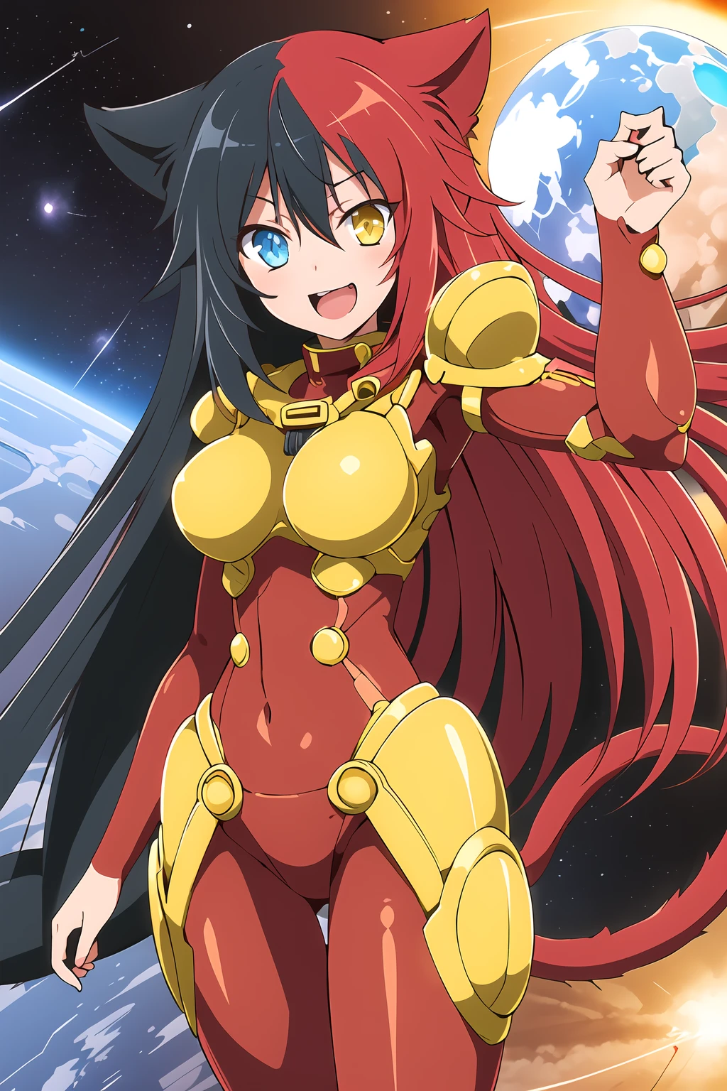 masterpiece, 1girl, ibaraki douji \(onigiri\), cat ears, tail, black hair, red hair, (battlesuit), space, nebula, space station, long hair, multicolored hair, cybernetic, futuristic, highly detailed, best quality, facing viewer, best quality, blue eyes, yellow eyes